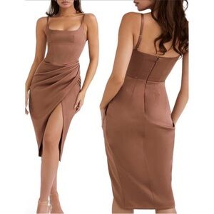 NWOT House of CB BIANCA MOCHA SATIN CORSET MIDI DRESS sz XS